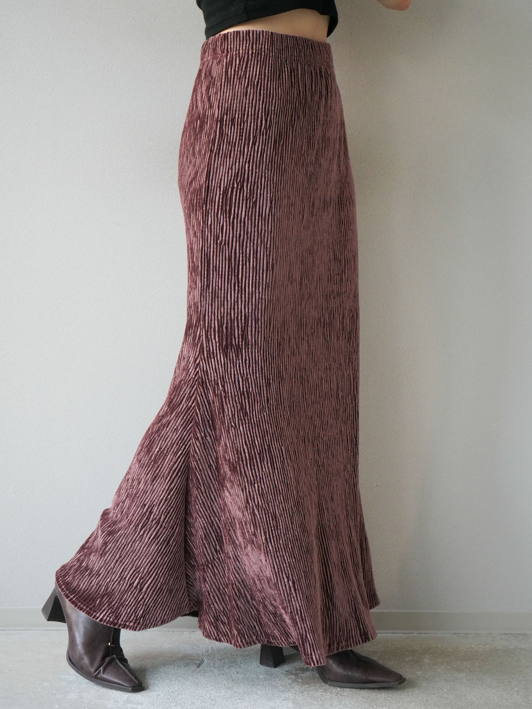 [予約]ベロアプリーツナロースカート/ボルドー