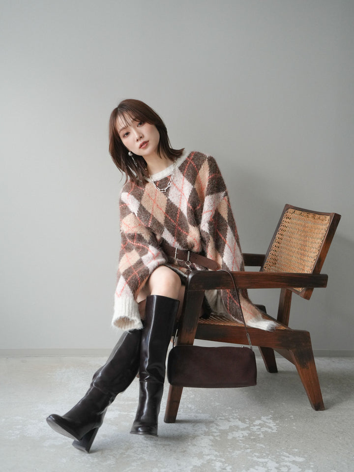 [予約]モヘアタッチアーガイル柄オーバーニットプルオーバー/brown