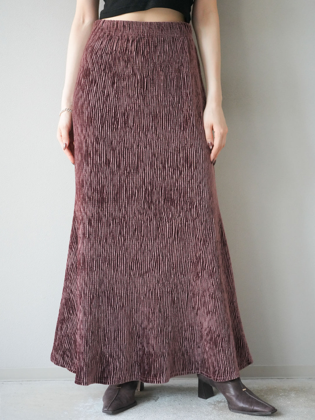 [予約]ベロアプリーツナロースカート/ボルドー