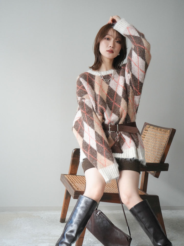 [予約]モヘアタッチアーガイル柄オーバーニットプルオーバー/brown