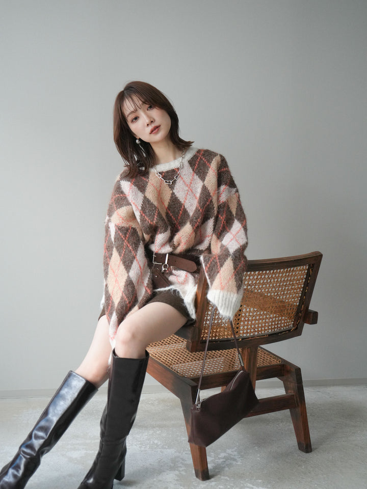 [予約]モヘアタッチアーガイル柄オーバーニットプルオーバー/brown