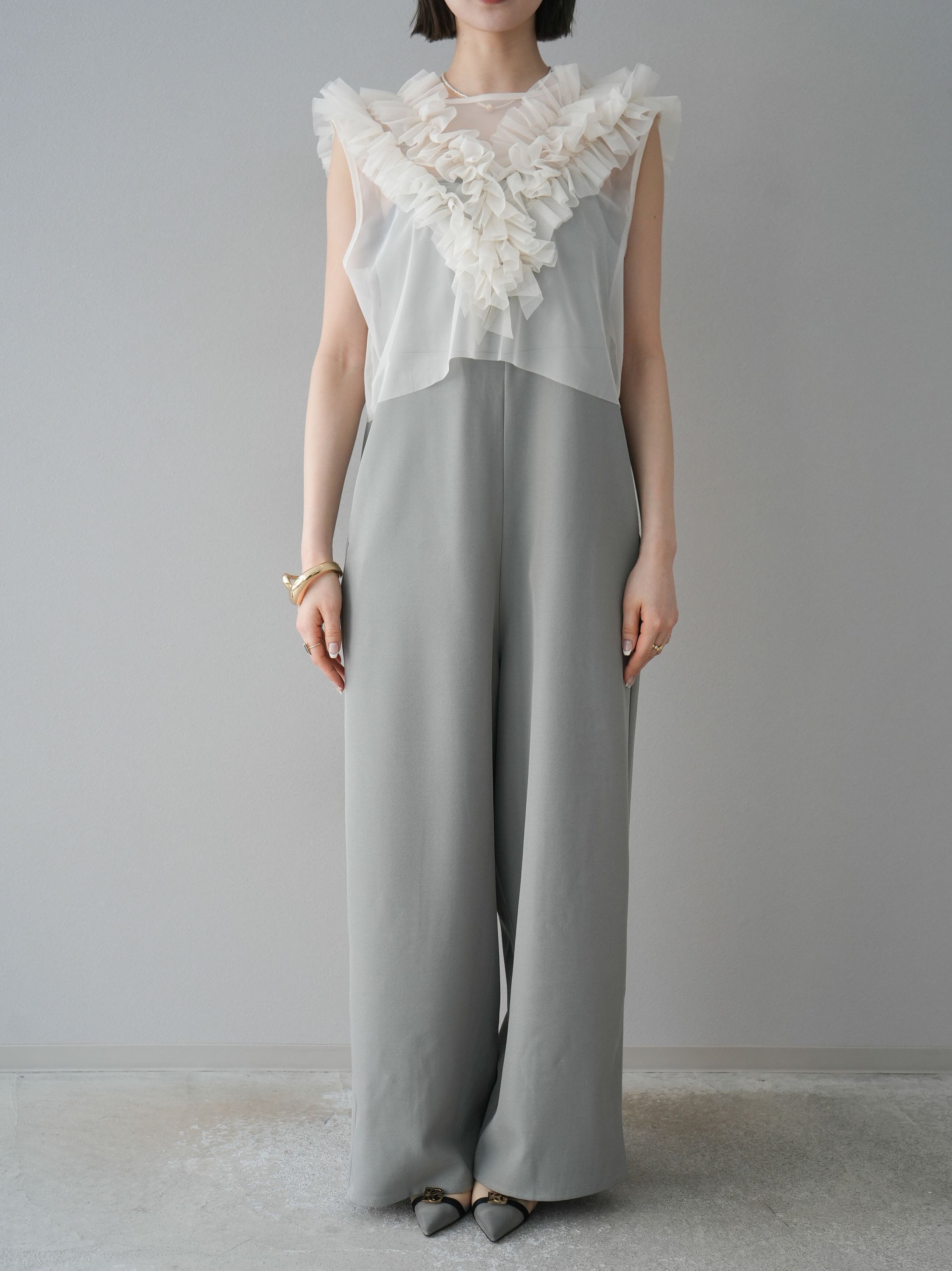 予約]チュールフリルベスト×オールインワンアンサンブル/グレー – Lumier