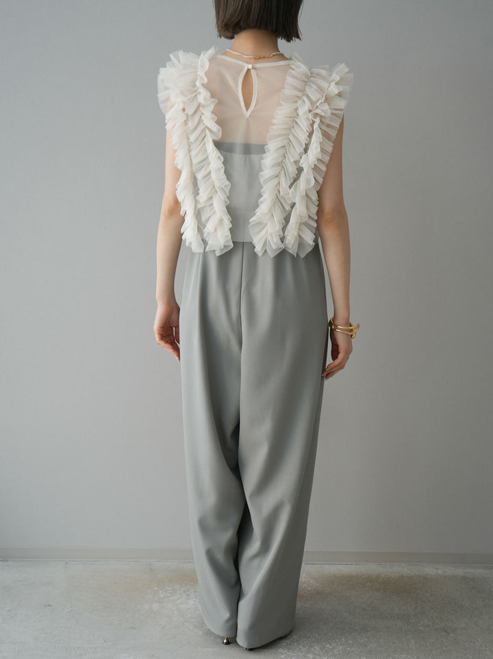[預訂] 薄紗荷葉邊背心 x 連身套裝/灰色