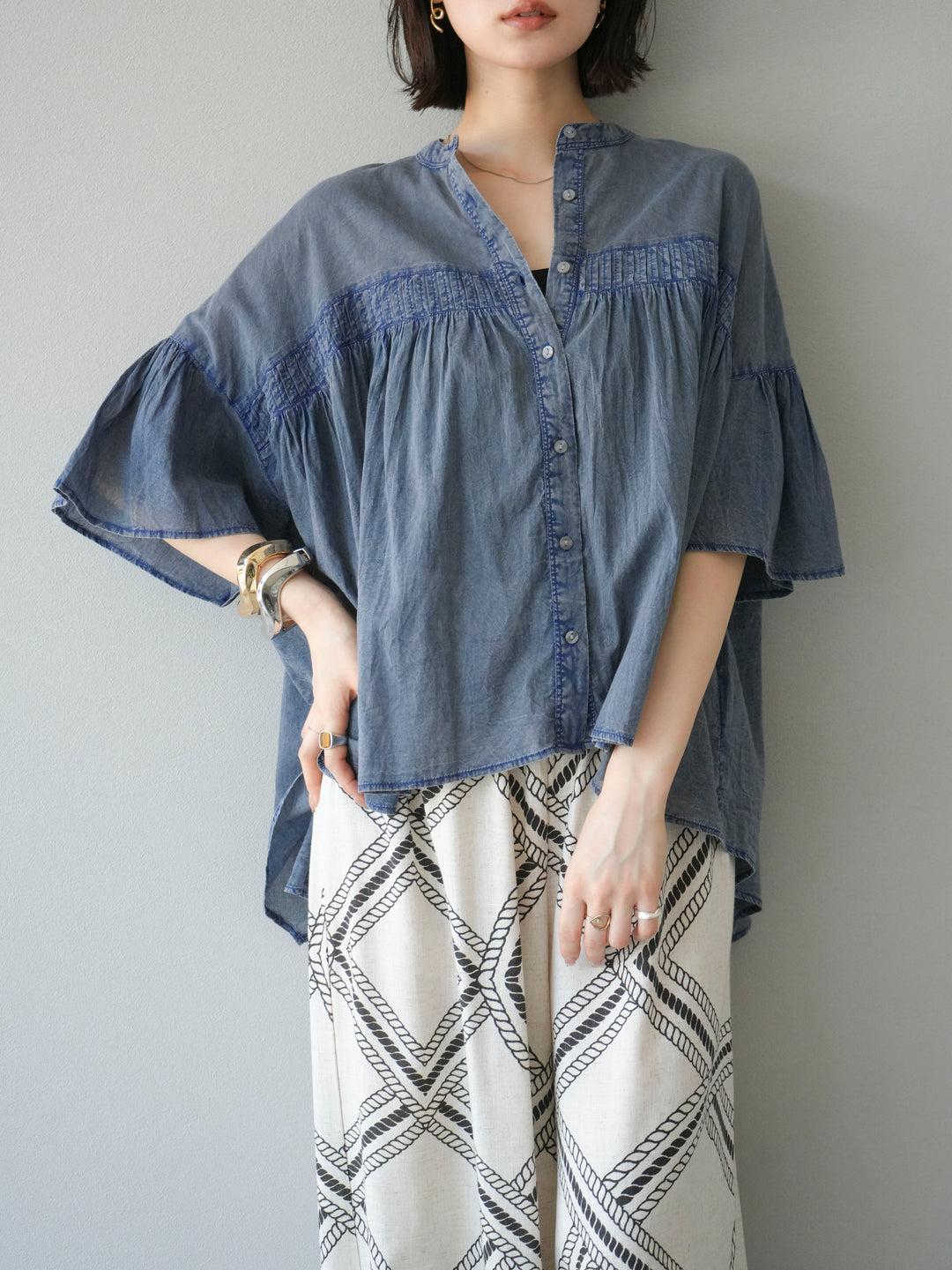 [予約]インド製コットンボイルシアービンテージデニムシャツ/ブルー