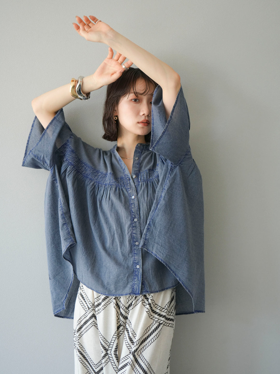 [予約]インド製コットンボイルシアービンテージデニムシャツ/ブルー