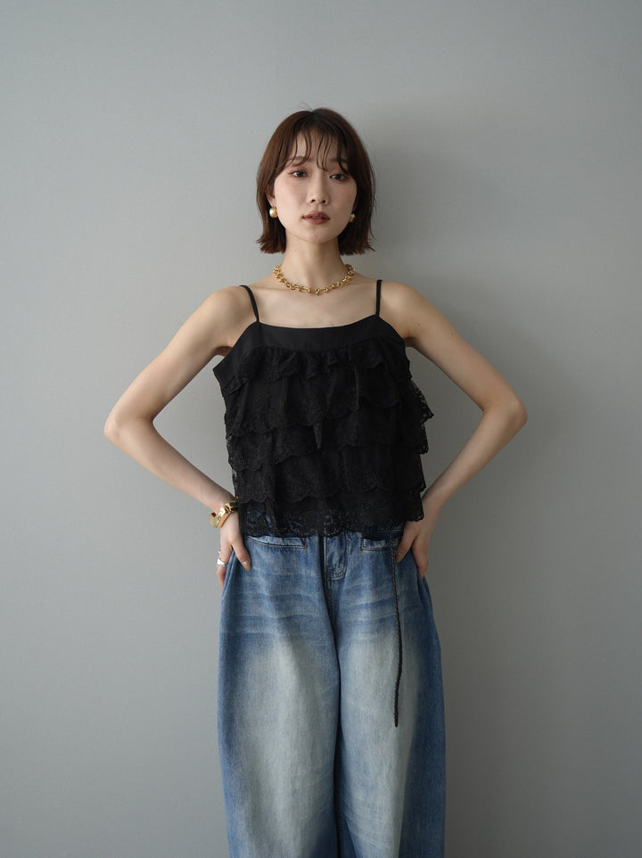 [予約]スカラップレースフリルキャミソール/black