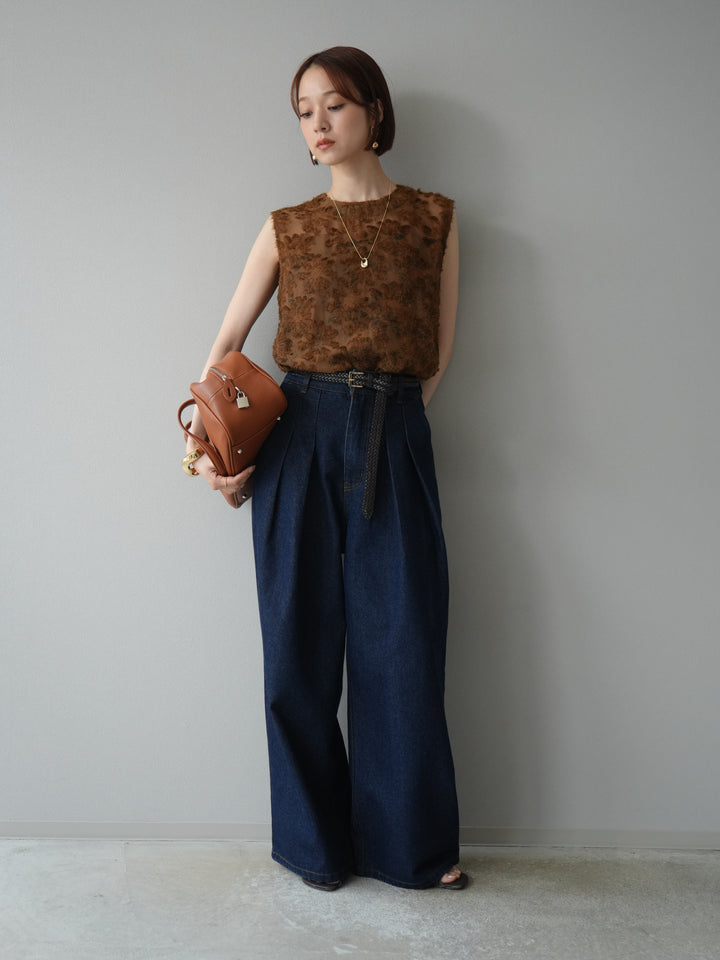 [予約]ニュアンスフリンジジャガードノースリーブブラウス/ブラウン