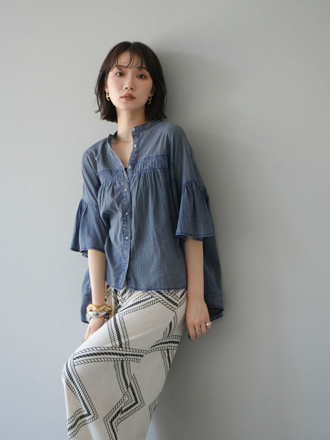 [予約]インド製コットンボイルシアービンテージデニムシャツ/ブルー