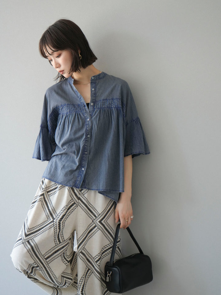 [予約]インド製コットンボイルシアービンテージデニムシャツ/ブルー
