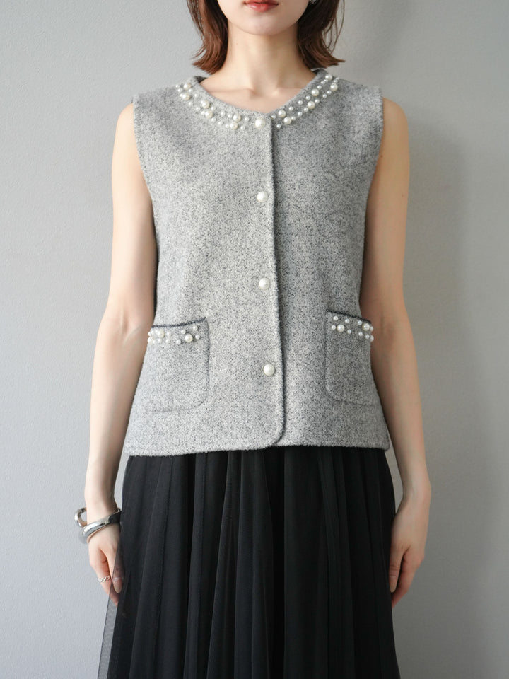 [予約]パールデザインツイードライクニットベスト/グレー
