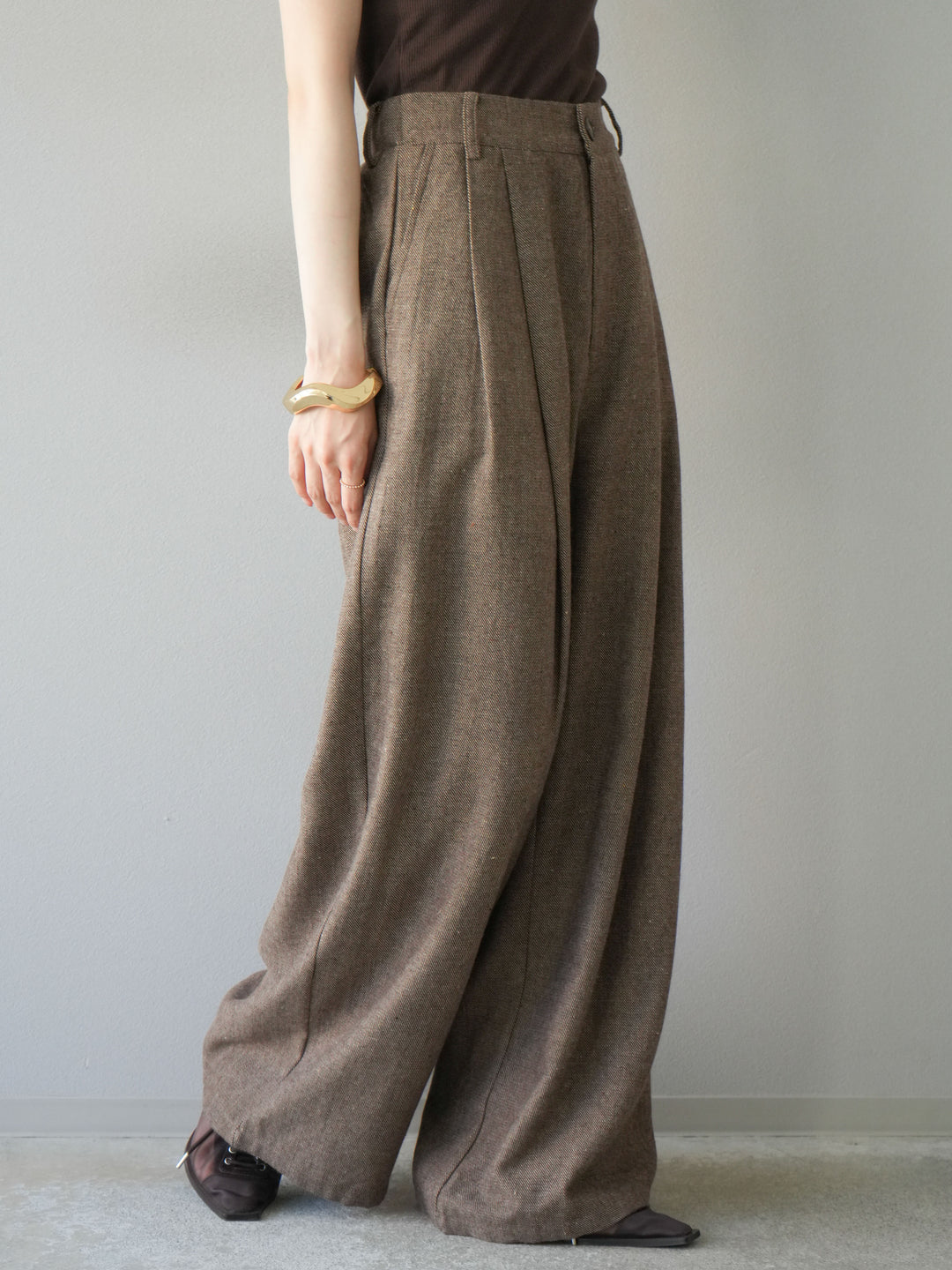[予約]ツイードタッチタックワイドパンツ/ブラウン
