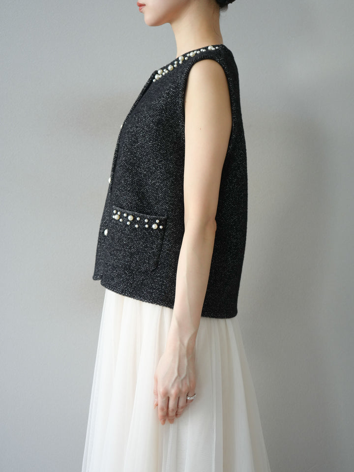 [予約]パールデザインツイードライクニットベスト/ブラック