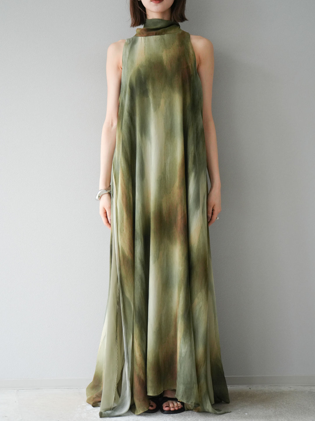 [予約]ニュアンスシアーレイヤードスリットワンピース/グリーン