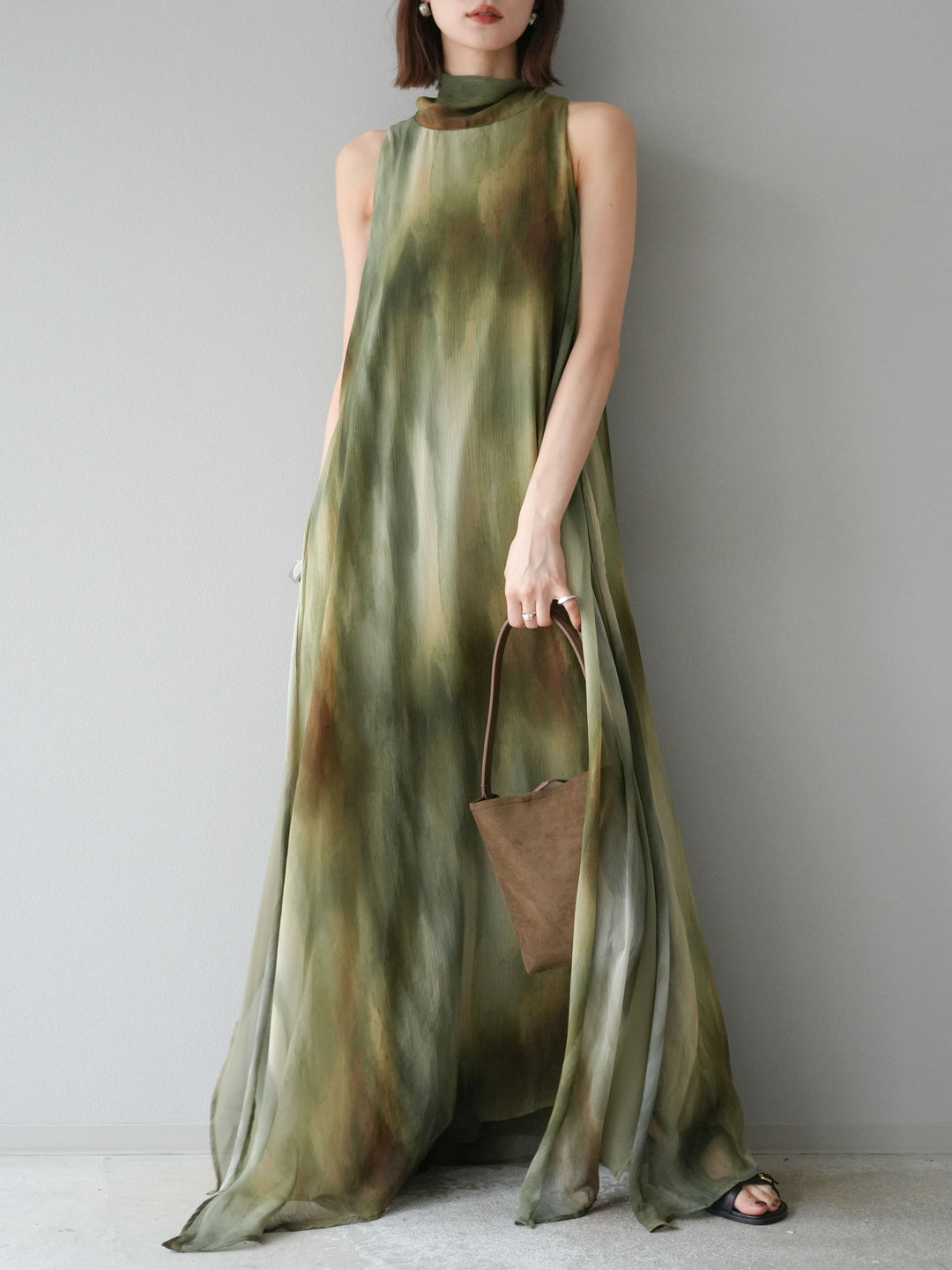 [予約]ニュアンスシアーレイヤードスリットワンピース/グリーン