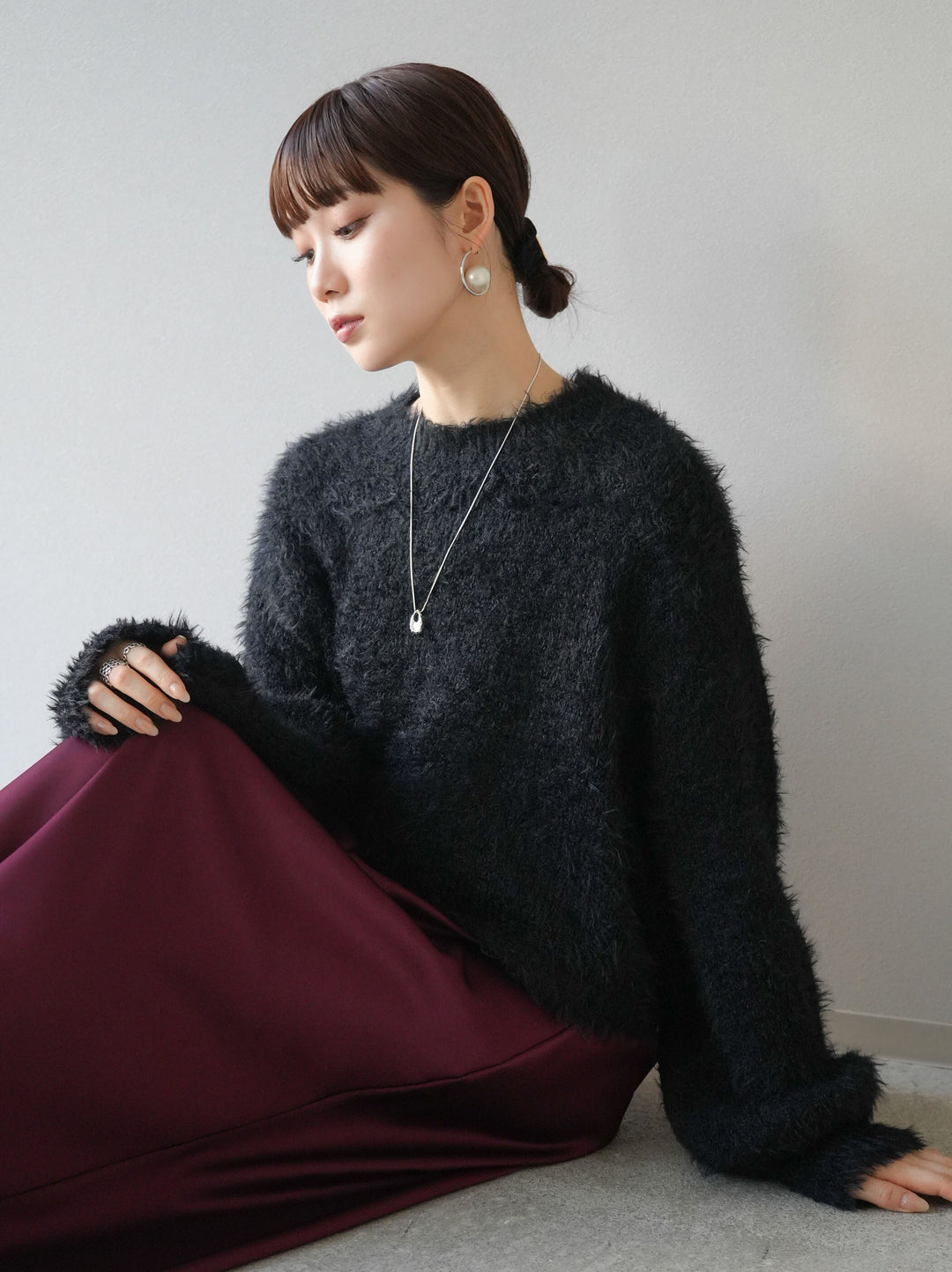 [予約]プチネッククロップドシャギーニット/ブラック