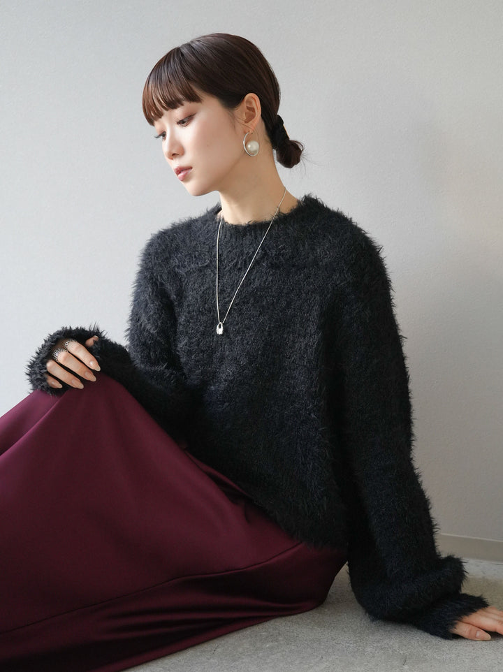 [予約]プチネッククロップドシャギーニット/ブラック