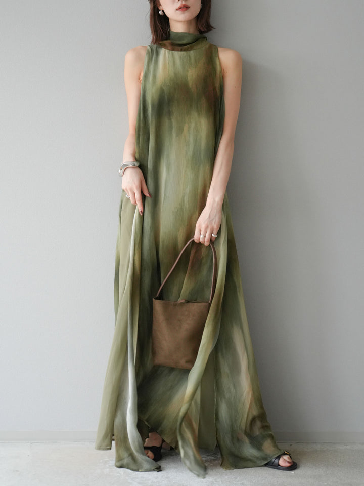 [予約]ニュアンスシアーレイヤードスリットワンピース/グリーン