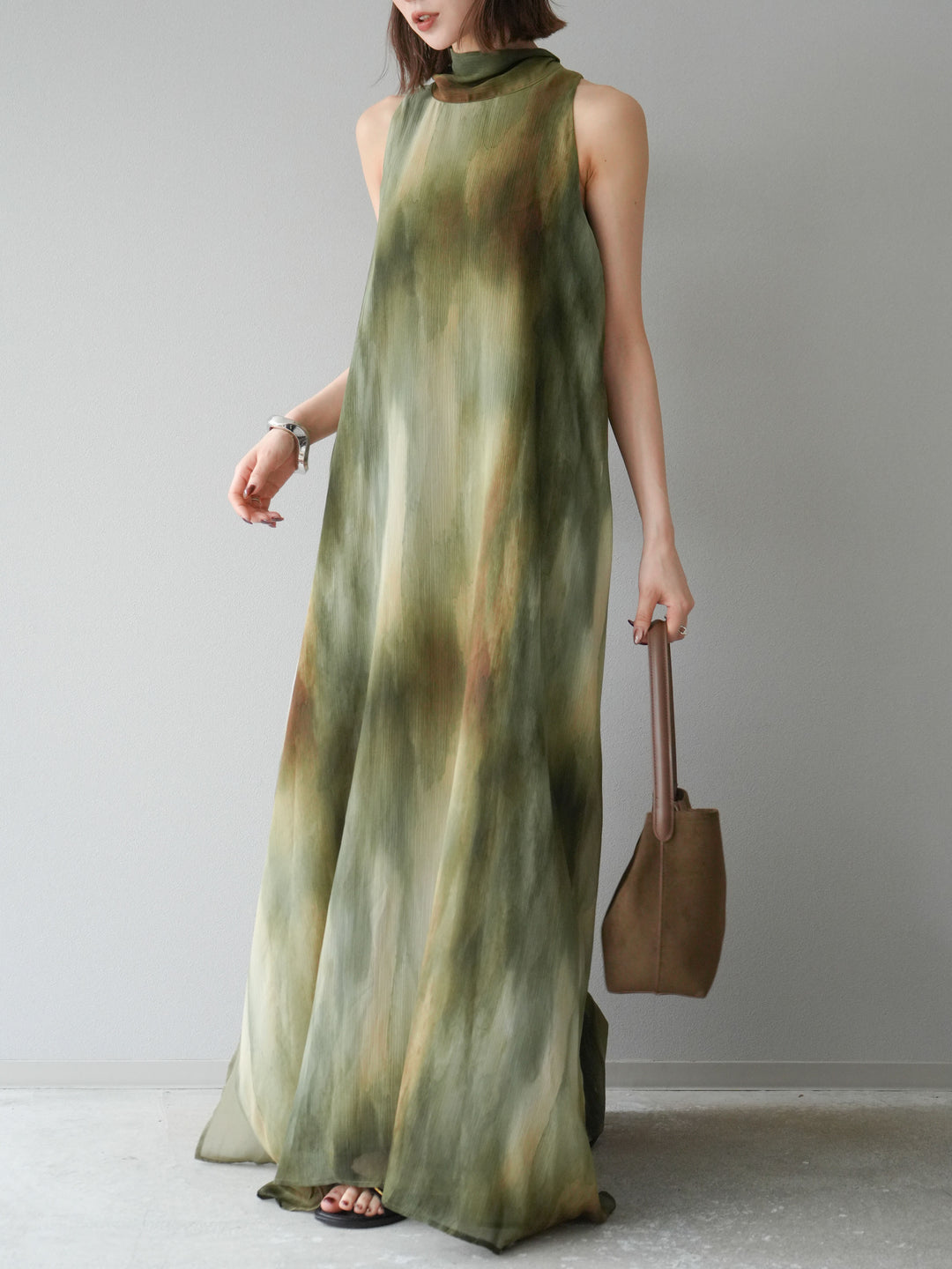 [予約]ニュアンスシアーレイヤードスリットワンピース/グリーン