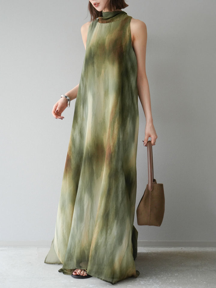 [予約]ニュアンスシアーレイヤードスリットワンピース/グリーン