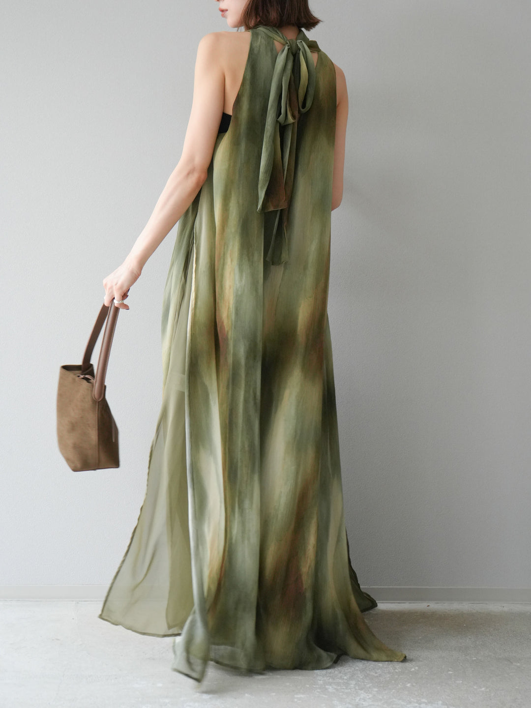 [予約]ニュアンスシアーレイヤードスリットワンピース/グリーン