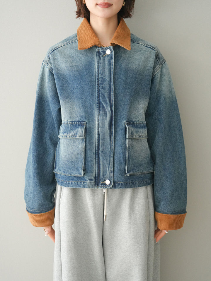 [予約]コーデュロイ×デニムショートカバーオール/blue