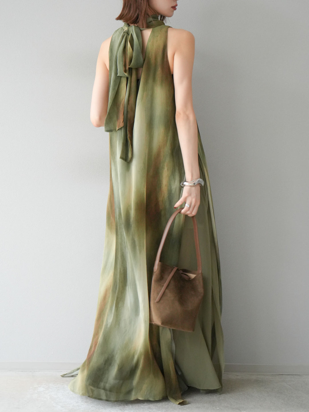 [予約]ニュアンスシアーレイヤードスリットワンピース/グリーン