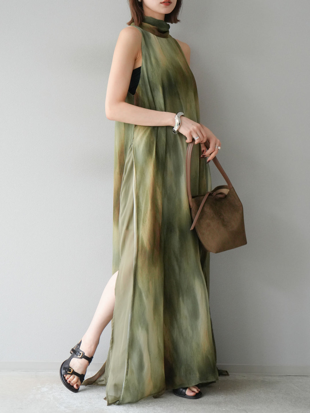[予約]ニュアンスシアーレイヤードスリットワンピース/グリーン