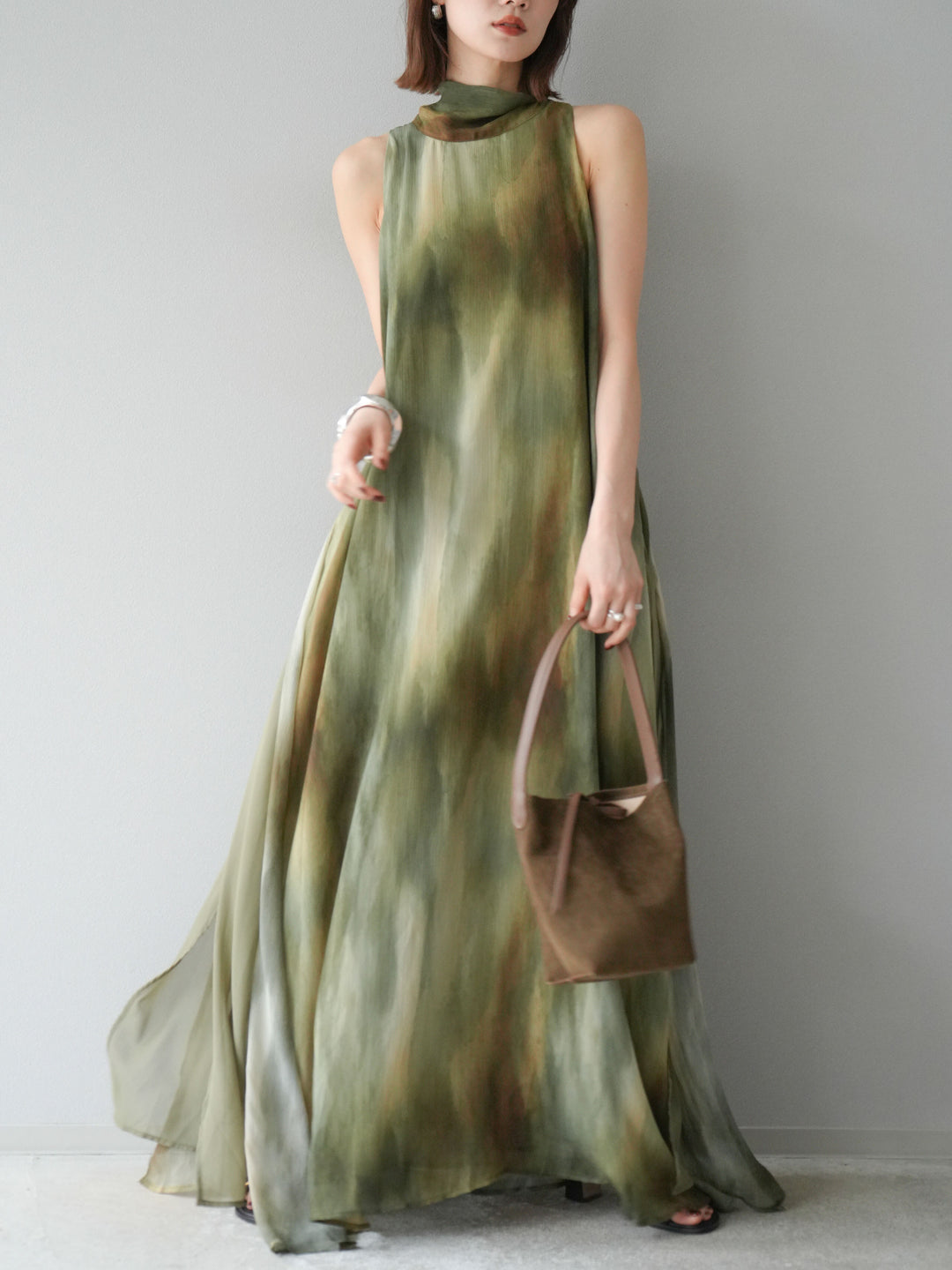 [予約]ニュアンスシアーレイヤードスリットワンピース/グリーン
