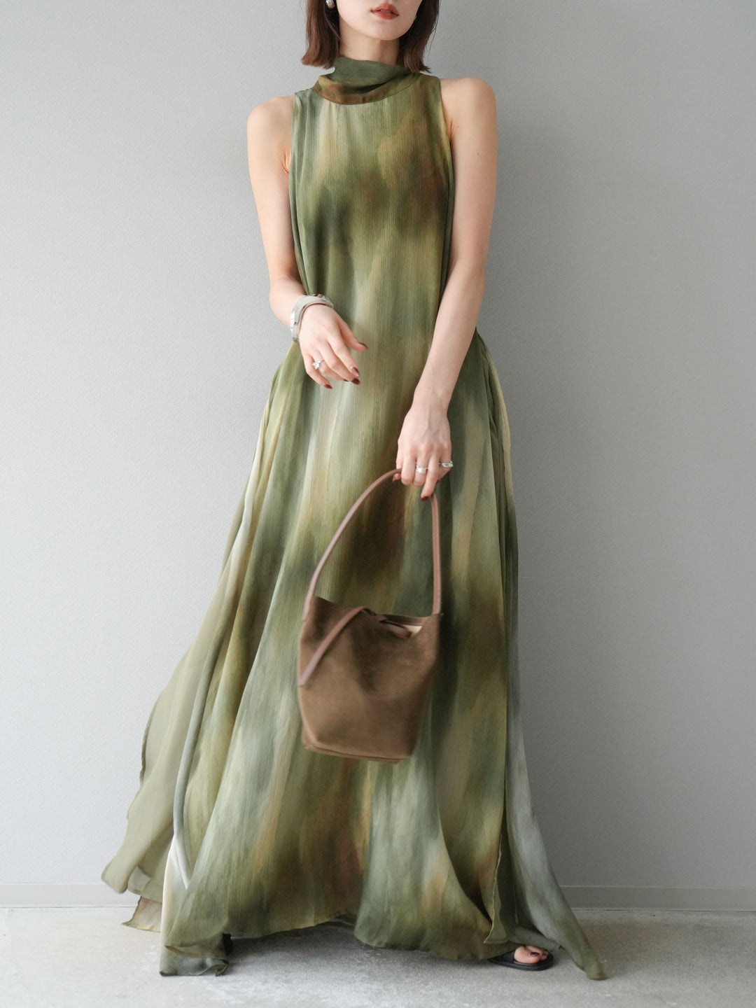 [予約]ニュアンスシアーレイヤードスリットワンピース/グリーン