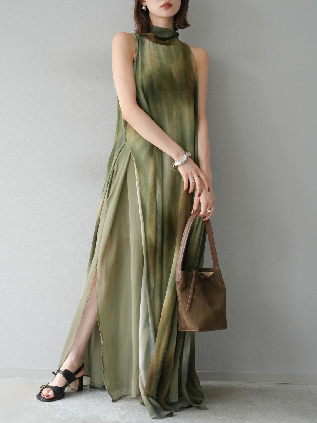 [予約]ニュアンスシアーレイヤードスリットワンピース/グリーン