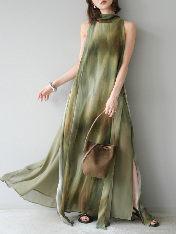 [予約]ニュアンスシアーレイヤードスリットワンピース/グリーン