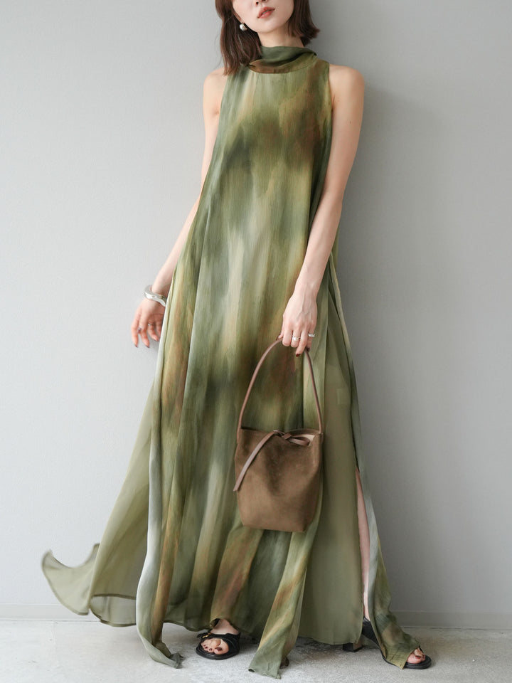 [予約]ニュアンスシアーレイヤードスリットワンピース/グリーン