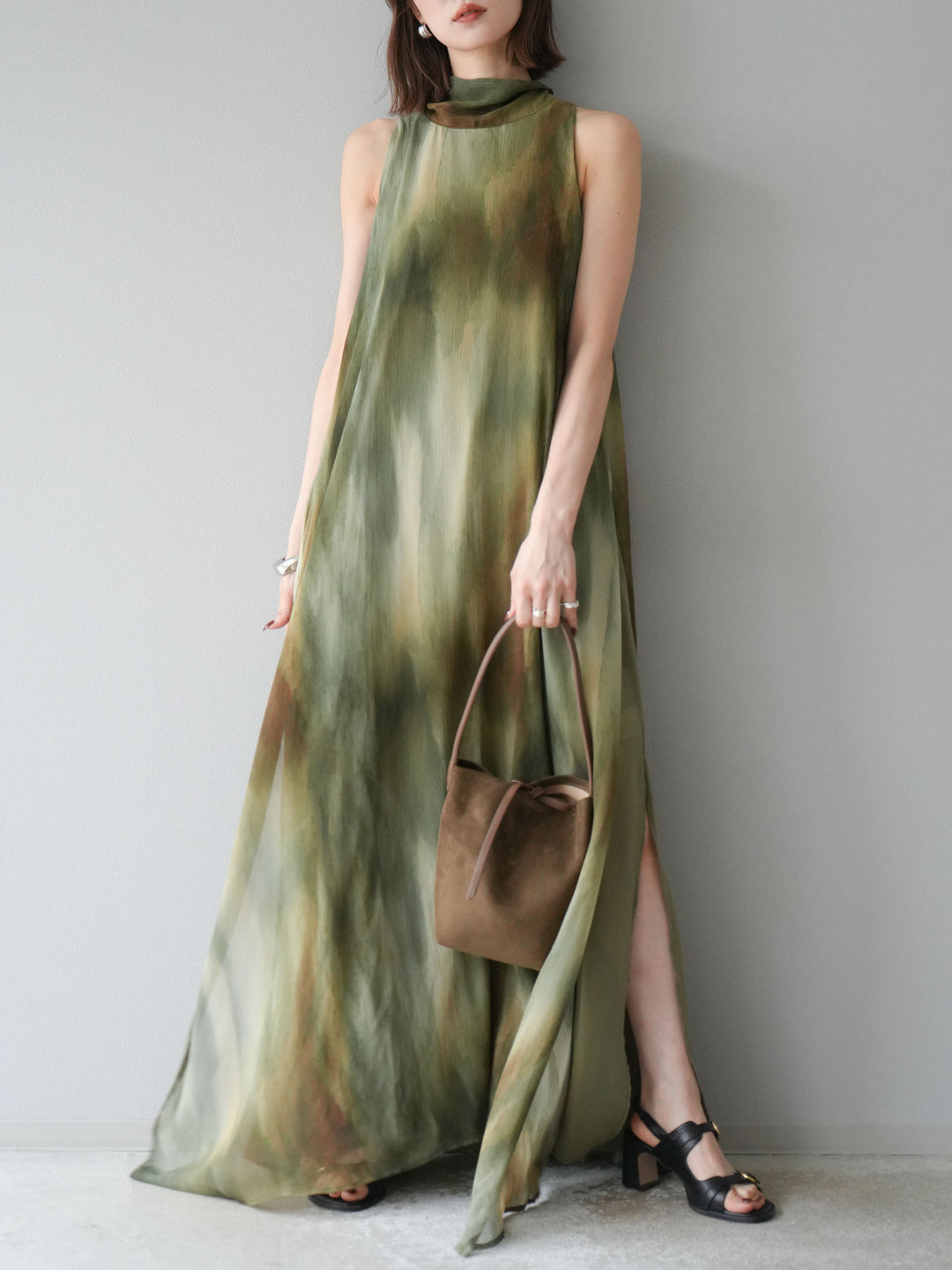 [予約]ニュアンスシアーレイヤードスリットワンピース/グリーン