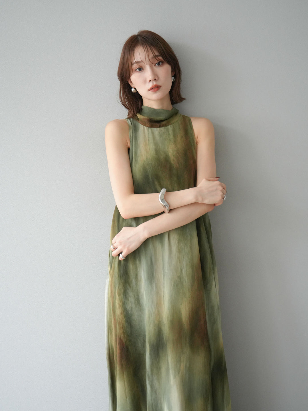 [予約]ニュアンスシアーレイヤードスリットワンピース/グリーン