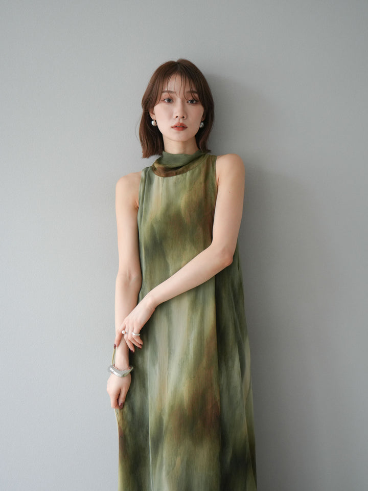 [予約]ニュアンスシアーレイヤードスリットワンピース/グリーン