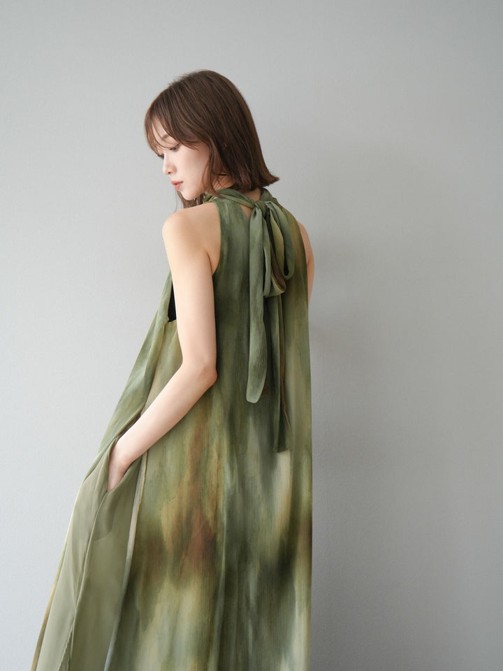 [予約]ニュアンスシアーレイヤードスリットワンピース/グリーン