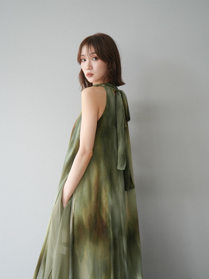 [予約]ニュアンスシアーレイヤードスリットワンピース/グリーン