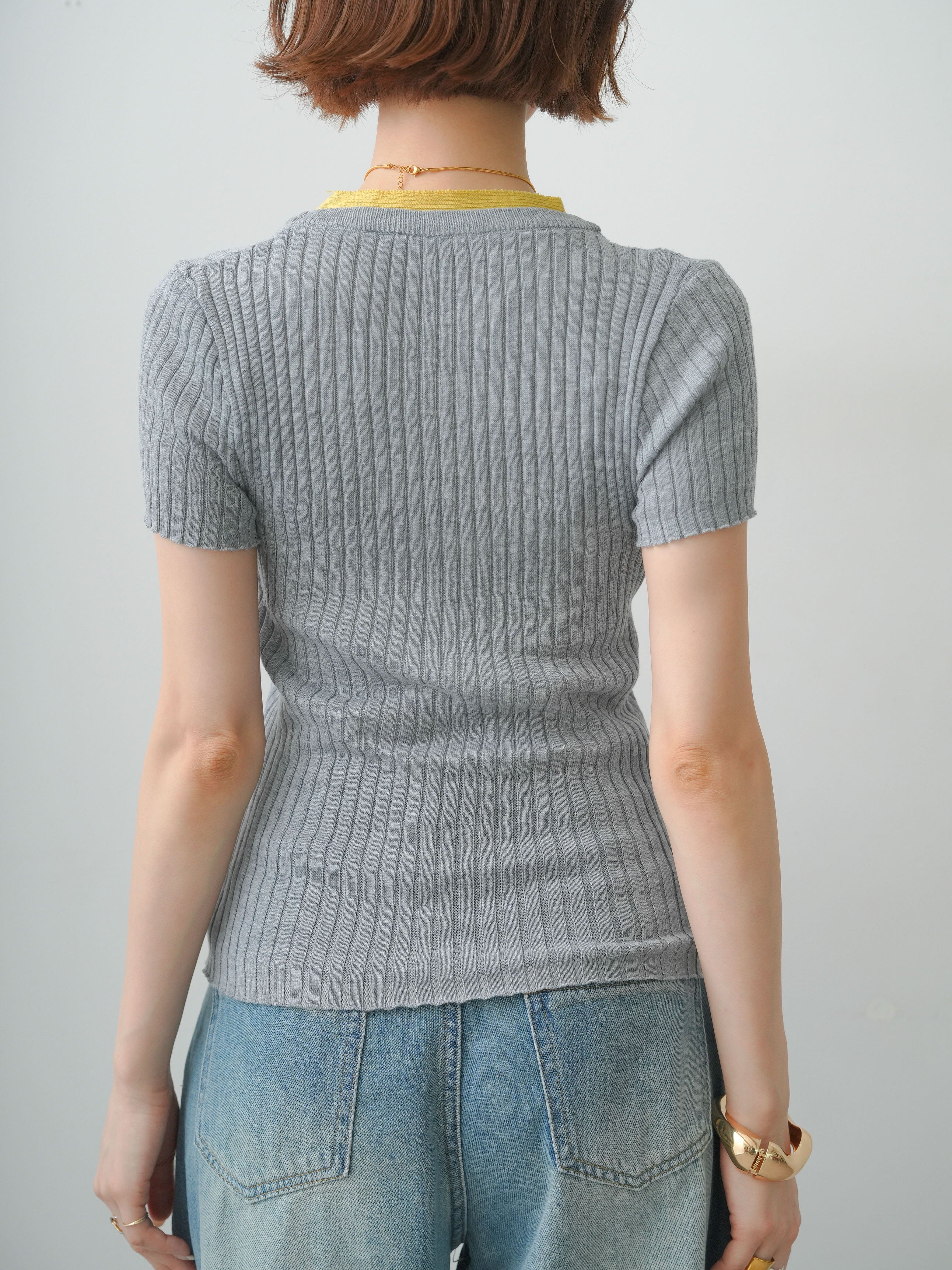 【未使用】Theory Project 半袖 リブニット トップス　グレー 予約]バイカラーネックレイヤード半袖リブニットトップス/gray – Lumier