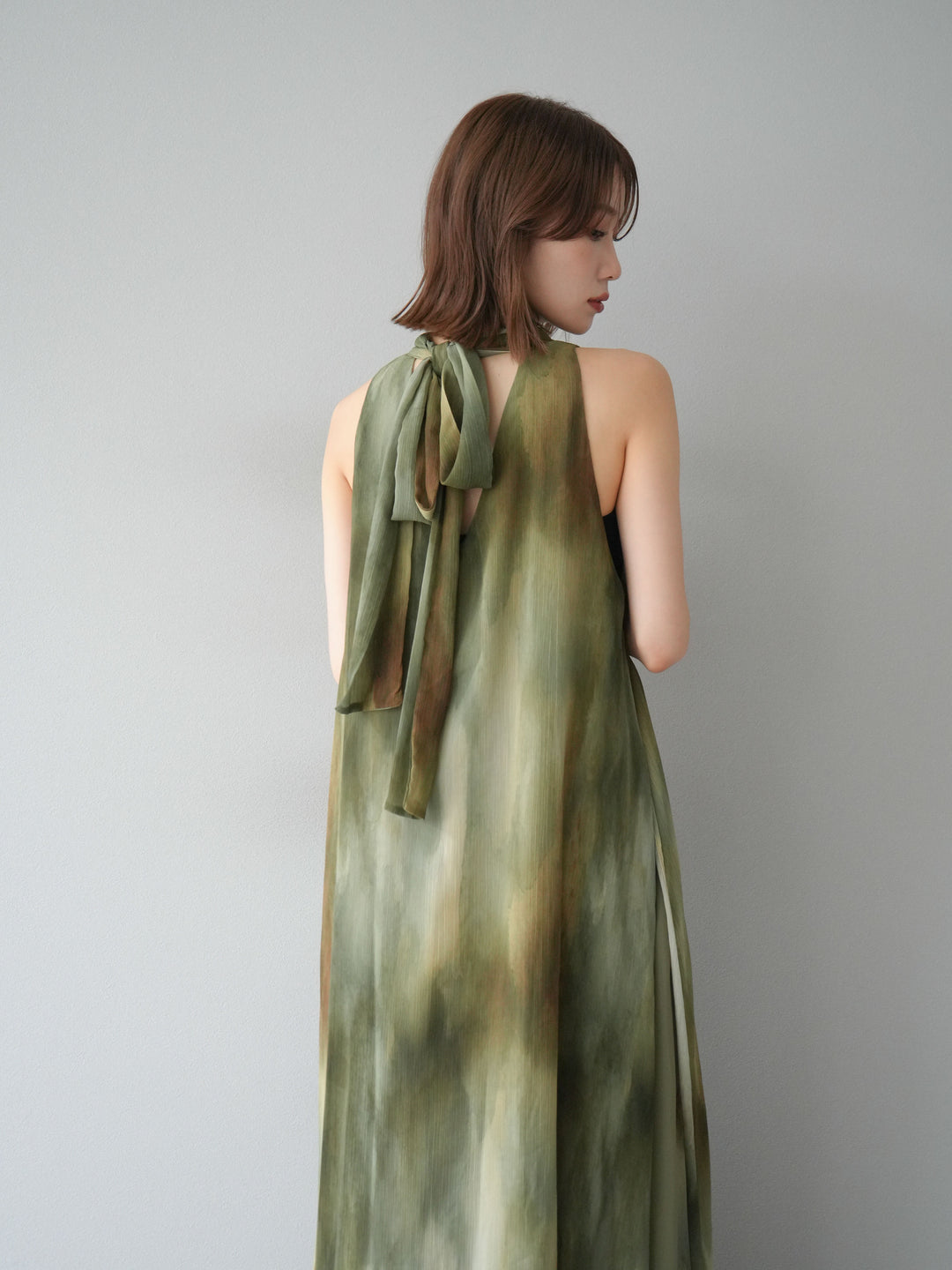 [予約]ニュアンスシアーレイヤードスリットワンピース/グリーン