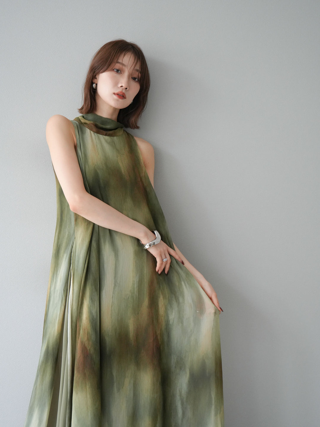 [予約]ニュアンスシアーレイヤードスリットワンピース/グリーン