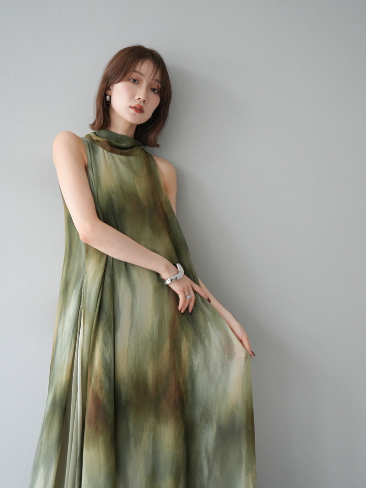 [予約]ニュアンスシアーレイヤードスリットワンピース/グリーン