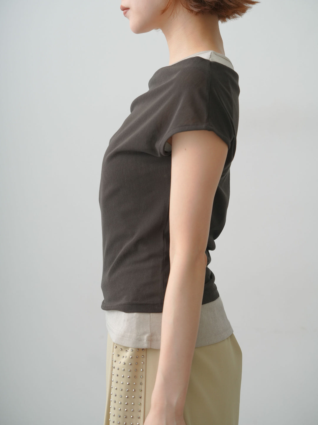 [予約]レイヤードドッキングシアーニットトップス/brown