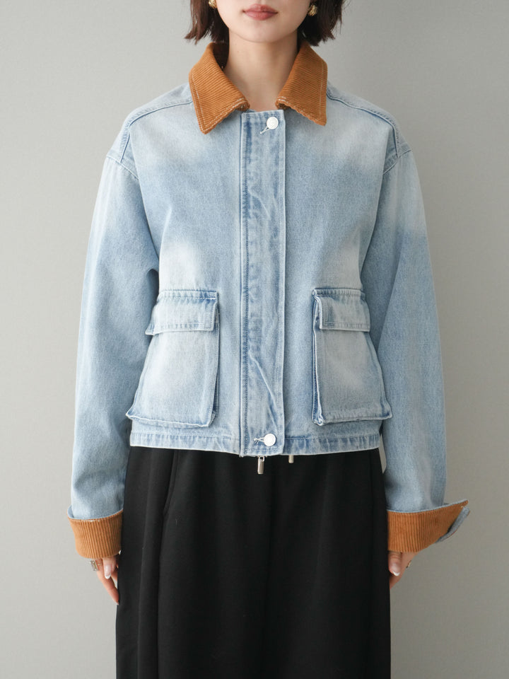 [予約]コーデュロイ×デニムショートカバーオール/bleach