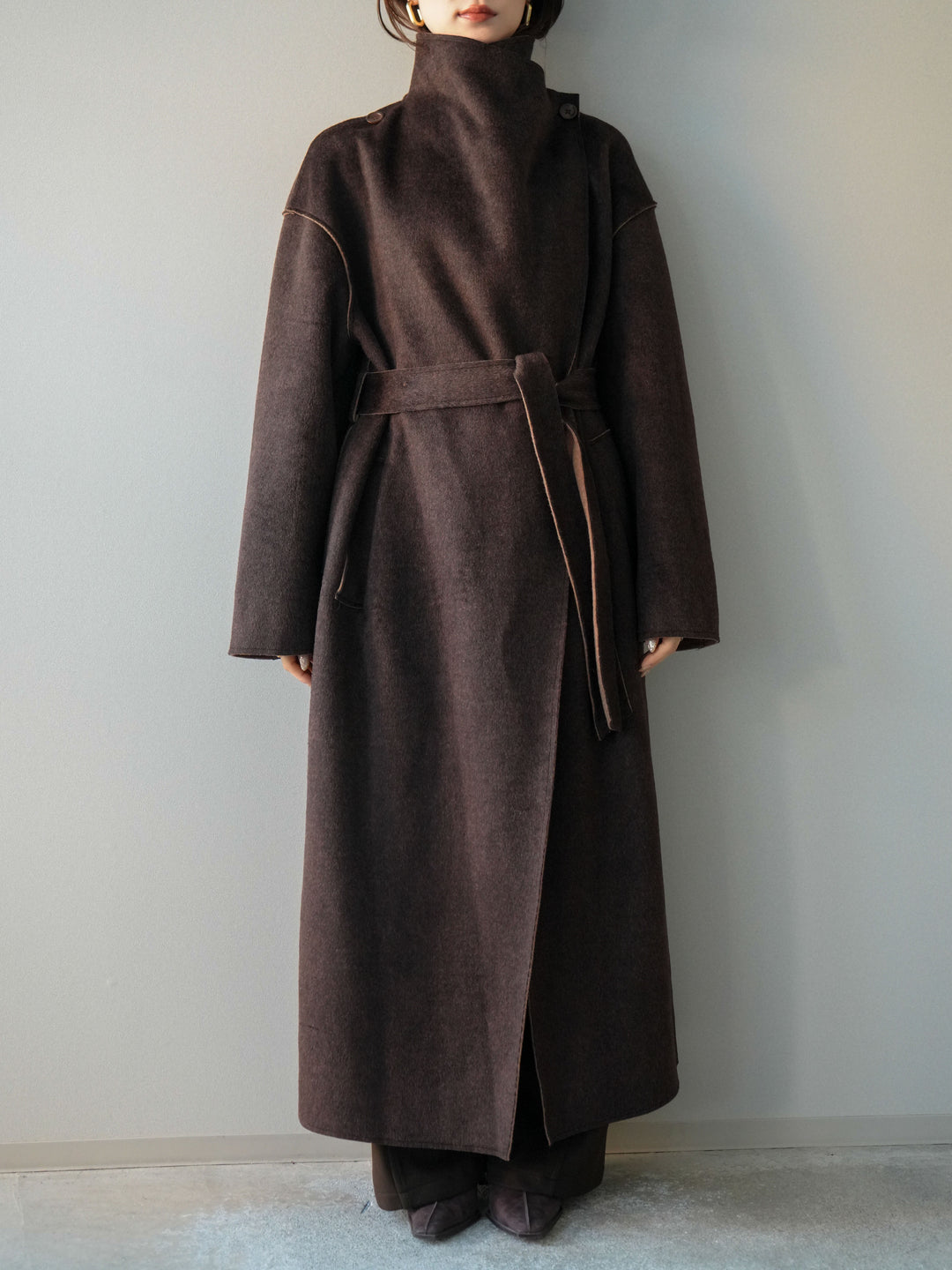 [予約]ダブルフェイスバイカラーロングコート/brown