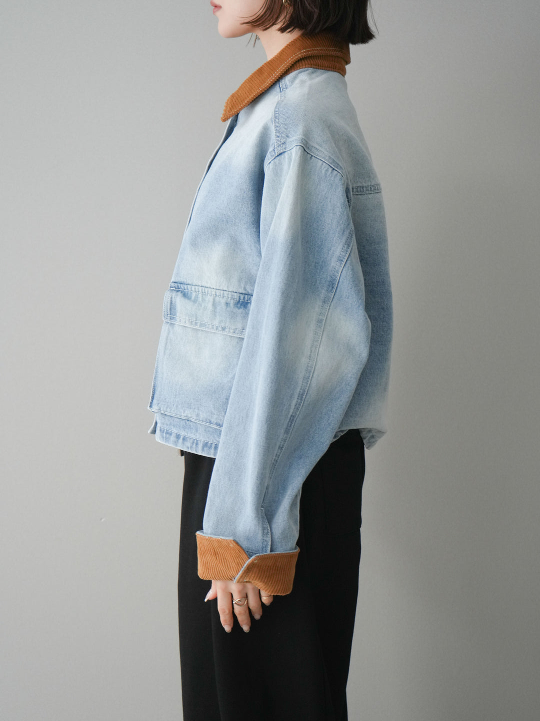 [予約]コーデュロイ×デニムショートカバーオール/bleach