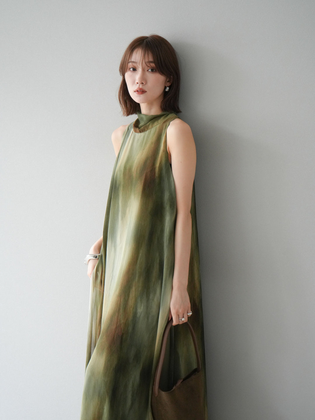 [予約]ニュアンスシアーレイヤードスリットワンピース/グリーン