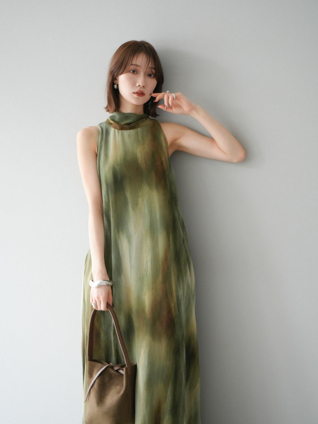 [予約]ニュアンスシアーレイヤードスリットワンピース/グリーン