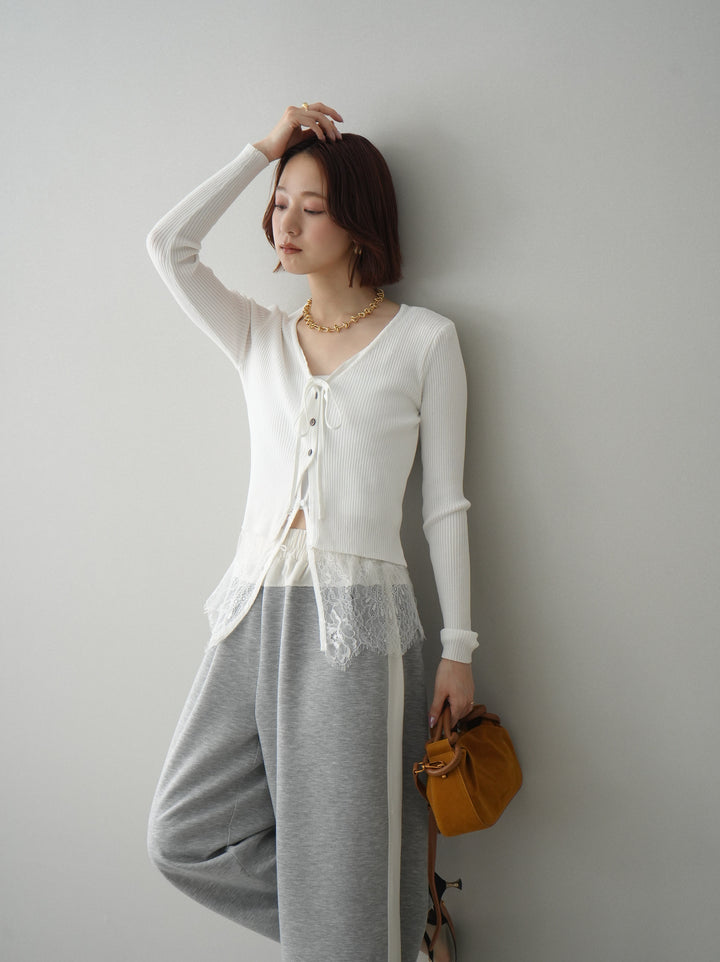 [SET]フロントリボン裾レースリブニットトップス+バイカラー異素材サイドラインライトポンチパンツ(2set)