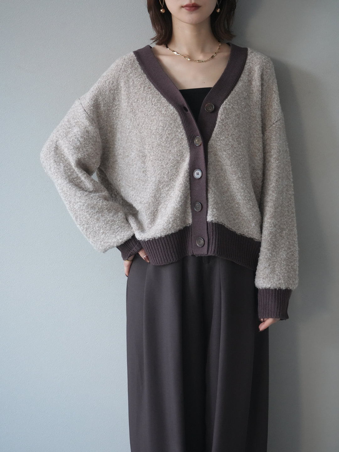 [予約]ブークレバイカラーニットカーディガン/beige