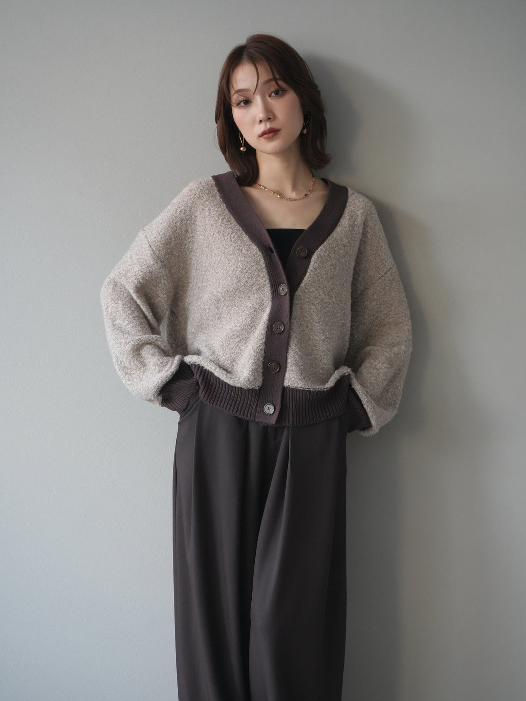 [予約]ブークレバイカラーニットカーディガン/beige